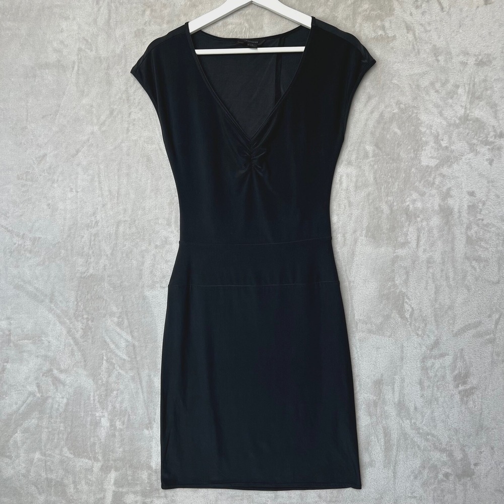 Express Black Short Sleeve Fit & Flare Stretch Knit Dress Sz S Cut Away Back Y2K